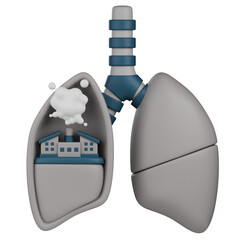 3D illustration showing factory with chimney emitting smoke inside a human lung. Concept of medical and environmental awareness.