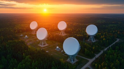 Wide aerial drone view of military base showcasing Military Information Technology communication antennas and satellite uplinks. 