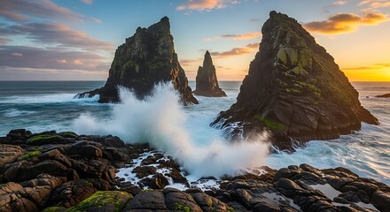 Dramatic coastal scene with waves crashing against rocky formations at sunset.