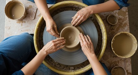 Collaborative hands of a team shaping a clay bowl on a potter's wheel during a creative workshop