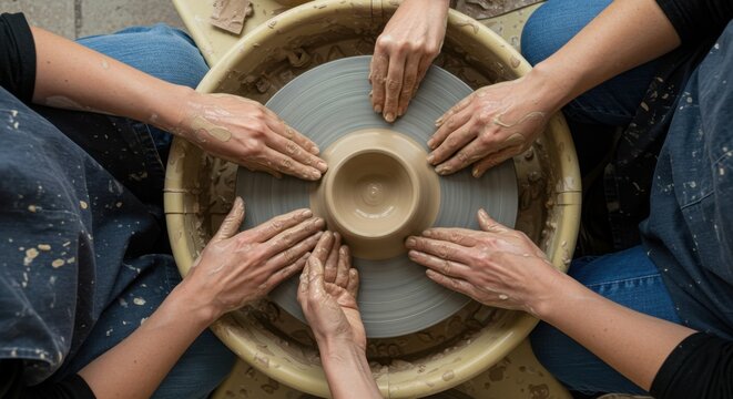 Top-down view of a collaborative pottery workshop with many hands shaping a clay bowl on a spinning wheel