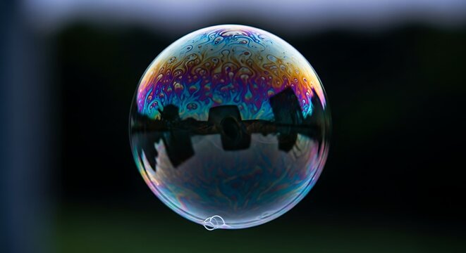 Macro photograph of a iridescent soap bubble reflecting a dark, silhouetted cityscape with a tiny water droplet suspended below