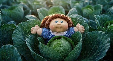 Obraz premium A cabbage patch doll sitting in the middle of a real cabbage patch, blending in. A playful mix of reality and nostalgia.