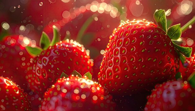 Close Up of Ripe Red Strawberries with Green Stems and Seed Details in a Bright and Blurry Background with Sunlight and Bokeh Effects