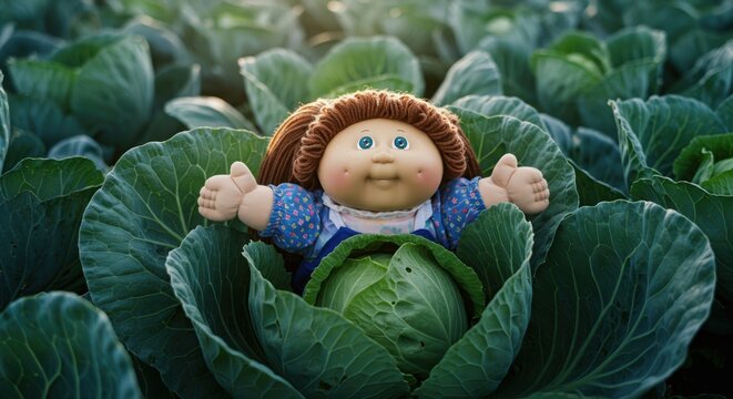A cabbage patch doll sitting in the middle of a real cabbage patch, blending in. A playful mix of reality and nostalgia.