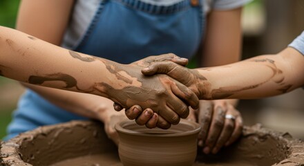 Close-up of an adult and child's hands covered in clay, shaking over a pottery wheel in a creative workshop