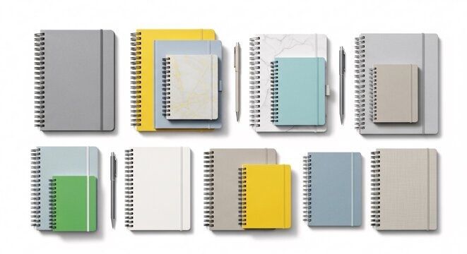 Modern collection of assorted color and size notebooks with pens, perfect for note-taking and planning.