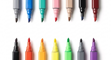 Fototapeta premium Vibrant collection of colorful markers neatly arranged on a clean white background, ready for creative projects