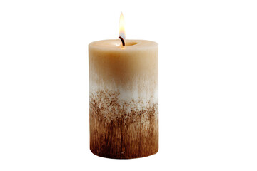 a candle with a brown and white design on it