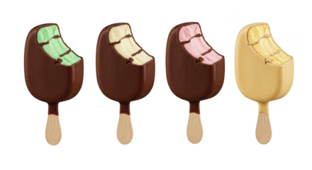 Assortment of four ice cream bars with chocolate coating and different flavors, isolated on transparent background