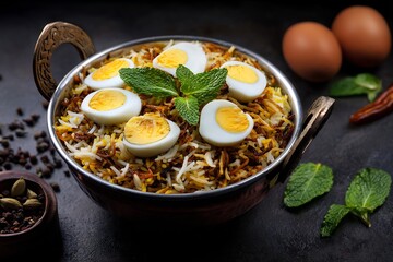 Delicious egg biryani served in a traditional indian pot
