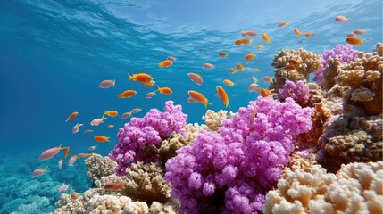 Naklejka premium Colorful Coral Reef Underwater Scene with Vibrant Fish in Clear Blue Ocean Water