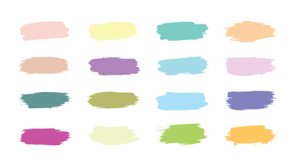Pastel brushstroke swatch collection, sixteen abstract paint strokes, minimal design elements isolated on white background
