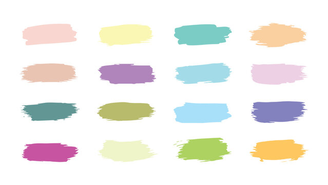 Pastel brushstroke swatch collection, sixteen abstract paint strokes, minimal design elements isolated on white background
