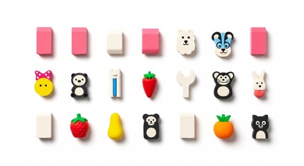 Adorable novelty erasers featuring cute animals and fruit shapes for children's stationery and fun school supplies