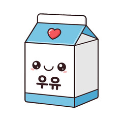 Cute cartoon milk carton with heart and happy face, with korean text meaning milk