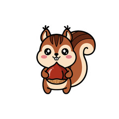 Naklejka premium Cute cartoon fluffy squirrel holding large acorn, with big expressive eyes and bushy tail, set against clean transparent