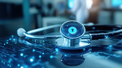 stethoscope connected to a digital health system, AI-assisted diagnosis, blurred background of a clinic