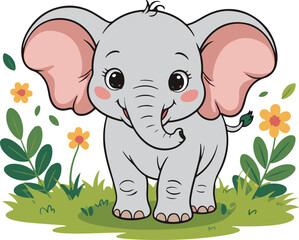 Cute baby elephant with big ears and floral decorations