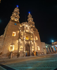 Low angle view of Catedral Bas&iacute;lica of Our Lady of the Assumption in Aguascalientes at night, Mexico. 