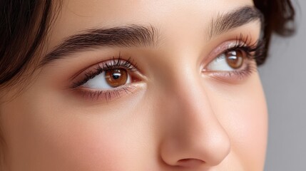 Obraz premium Close-Up View of Beautiful Eyes with Natural Makeup Highlighting Luscious Lashes and Warm Brown Irises