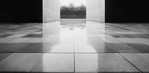 Empty modern corridor with glossy tiled floor reflecting light, opening to an outdoor view with trees and steps in the distance, evoking calm and spaciousness
