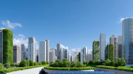 Modern Urban Skyline with Greenery and Sustainable Architecture under Clear Blue Sky