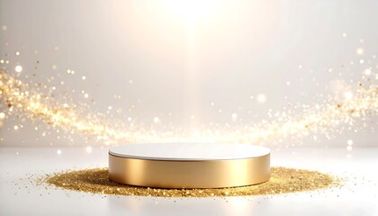 Golden glitter texture flowing on white background with a soft glowing light,