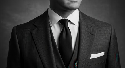 Elegance in Tailoring: A close-up shot showcases a gentleman dressed in a finely tailored suit, the crispness of his dress shirt and tie exuding an air of timeless style and confidence.