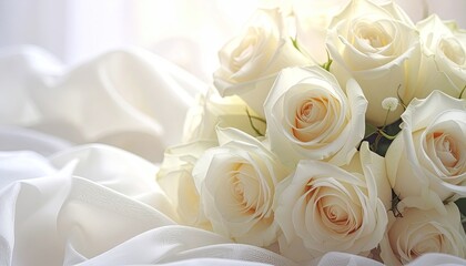 Close-Up Shot of White Rose Bouquet on White Satin Fabric with Soft Lighting, Elegant Composition for Wedding or Romantic Theme