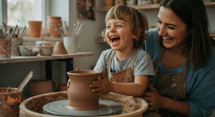 Joyful mother and son creating a clay pot together on a potter's wheel in a creative workshop