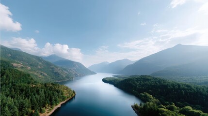 Serene Scenic View of a Tranquil Lake Surrounded by Lush Green Forests and Majestic Mountains Under a Clear Blue Sky