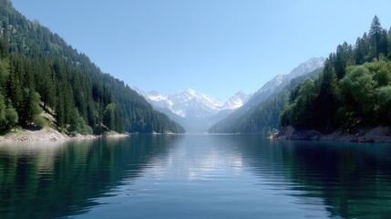 Fototapeta premium Tranquil Mountain Lake Surrounded by Lush Forests and Majestic Snow-Capped Peaks Under Clear Blue Sky