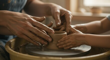 Hands shaping clay on a pottery wheel, a close-up shot of a craftsperson and a child creating art