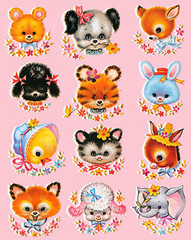 Adorable Vintage Style Fluffy Animal Illustrations Adorned with Delicate Floral Wreaths A Whimsical Collection of Cute Creatures Featuring Sweet Expressions and Charming Details Perfect for Crafting a