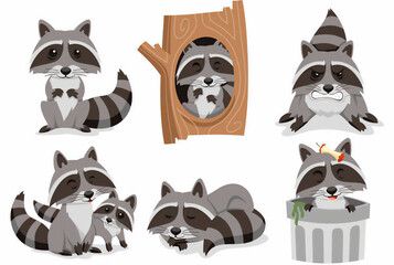 Collection of Adorable Cartoon Raccoons Engaged in Various Playful Activities Showcasing Their Whimsical Personalities Through Different Poses and Environments a Delightful Ensemble of Furry Friends f