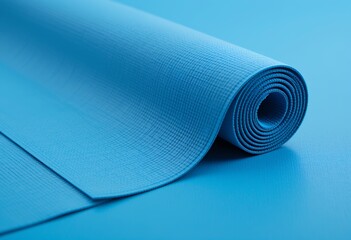 Close up of a blue yoga mat partially unrolled on a smooth surface ready for exercise