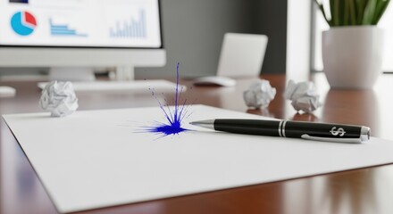 Naklejka premium Pen explosion on paper symbolizes creative block in a modern office setting