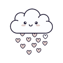 Adorable kawaii cloud character raining colorful hearts, cute cartoon drawing for childrens themes and love messages