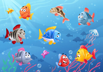A Colorful Cartoon School of Happy Fish Swimming Through a Bright Blue Ocean Environment Filled with Bubbles and Seaweed Underwater Scene	
