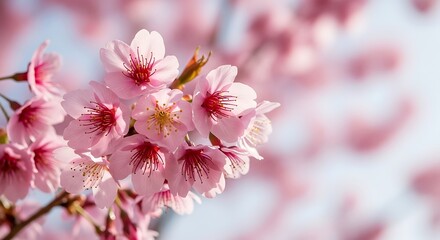 Delicate clusters of vibrant pink cherry blossoms, showcasing delicate petals and intricate details against a soft, light-blue backdrop.