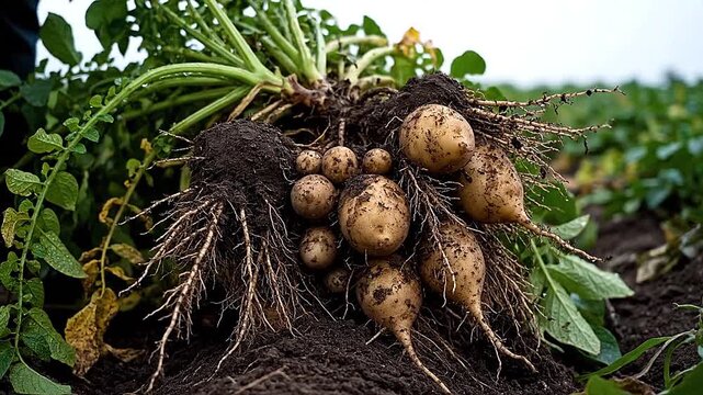 Potato plants overturned, roots exposed with tubers attached in earthy scene  
