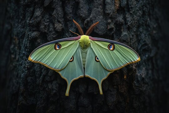 close-up of a pale green luna moth with prominent eyespots resting on dark textured tree bark, showcasing delicate wings and fine details in natural light