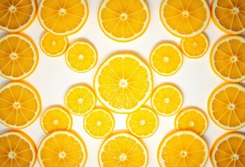 Vibrant lemon slices forming a repeating geometric pattern on a white background, lemon,  texture