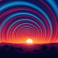Naklejka premium A vibrant, swirling sunset landscape with concentric rings of colorful light, creating a hypnotic and dynamic effect.