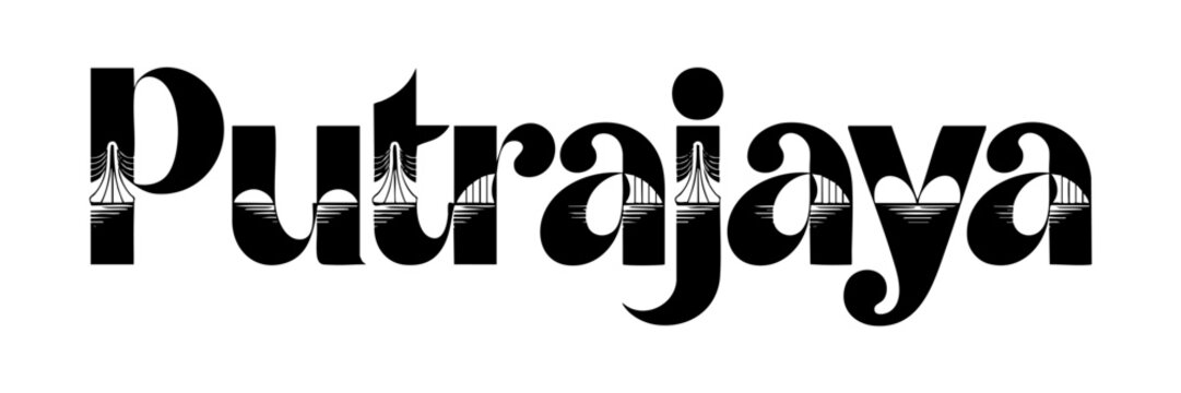 Putrajaya typography with iconic bridge illustrations, modern black and transparent Malaysia city text logo, vector design