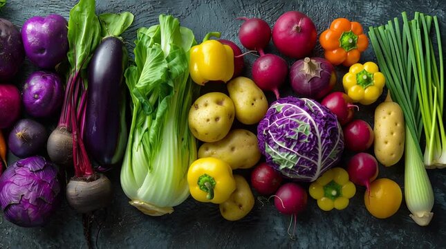 Colorful assortment of fresh vegetables arranged in a flat lay, vibrant top-down view