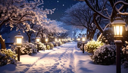 Enchanting Winter Night Pathway Lined with Snow-Covered Trees and Glowing Lanterns