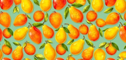 Vibrant seamless pattern featuring ripe mangoes and pears, alternating in a playful design,  pattern,  seamless