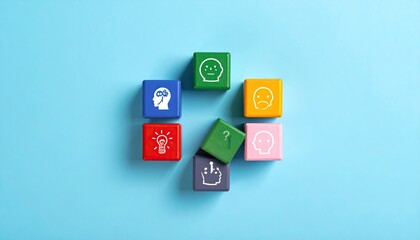 Colorful Wooden Blocks with Brain and Emotion Icons on Blue Background.